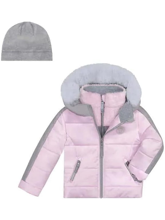 Girls Puffer Jacket 3 in 1 Youth Size 2T Pink w/ Inner Knit Jacket & Hat