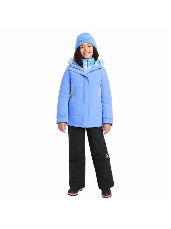 Girls' Winter 3 in 1 System Puffer Jacket & Beanie Set - Water Color Light Blue - ( XS 5/6)