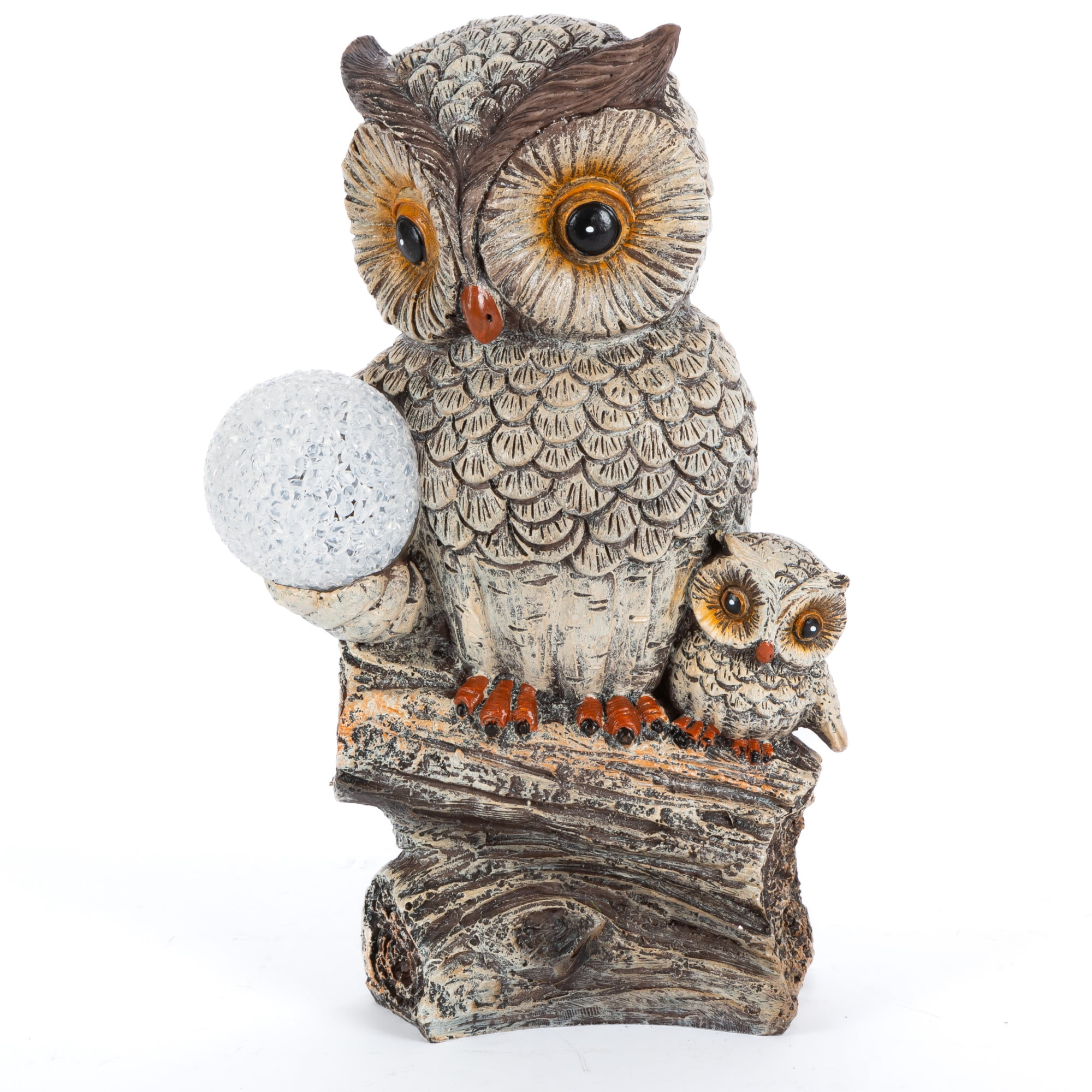 11.5" Brown Resin Solar-Powered Owl Statue with Crackle Glass Ball