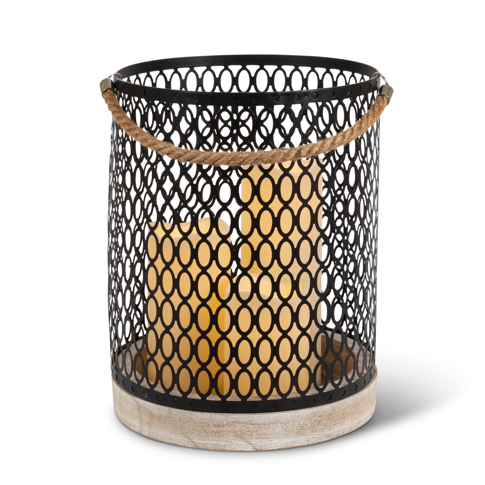 Rustic Black Metal and Wood Candle Lantern with Rope Handle