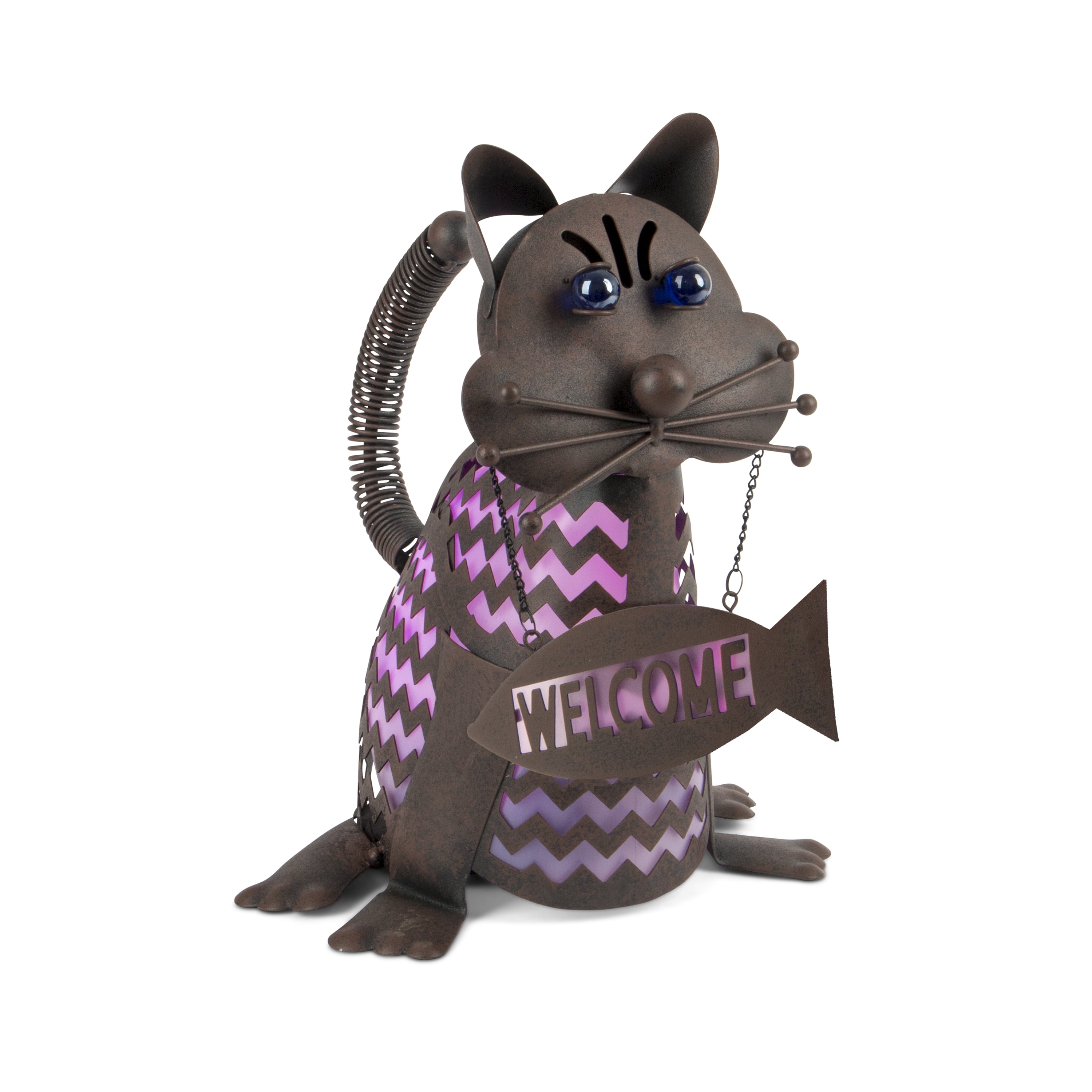 Rustic Brown and Pink Metal Solar LED Welcome Cat