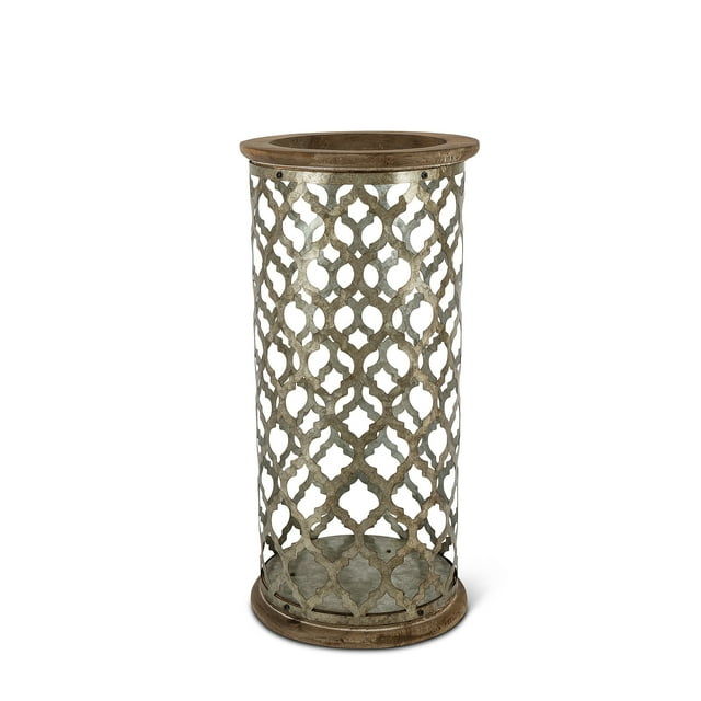 Gerson 17.5-Inch Tall Rustic Lantern with Wood Base and Top and Die Cut Galvanized Metal Body