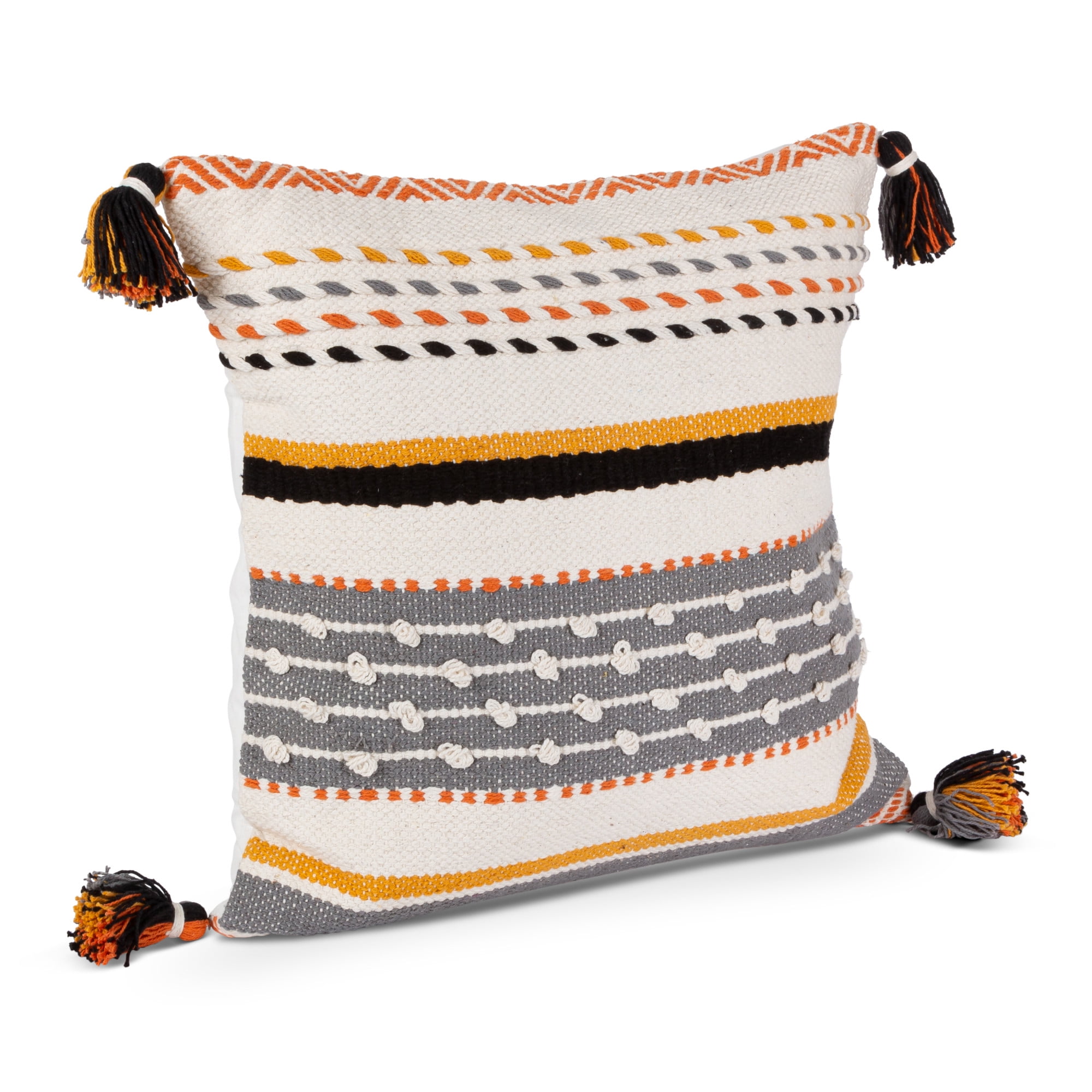 Ivory and Black Woven Cotton Square Throw Pillow with Tassels