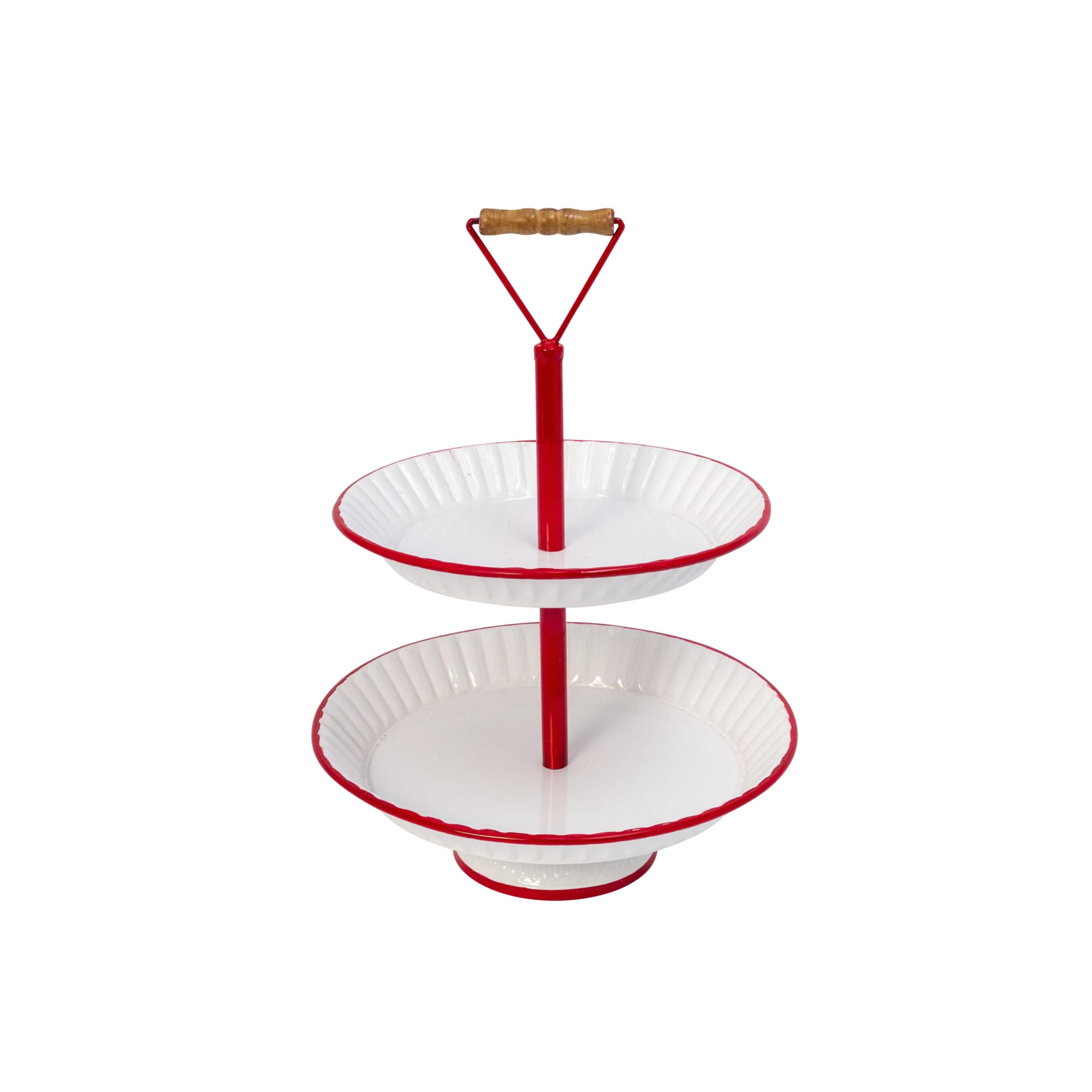Red and White Metal Two-Tiered Serving Tray with Fir Wood Handle