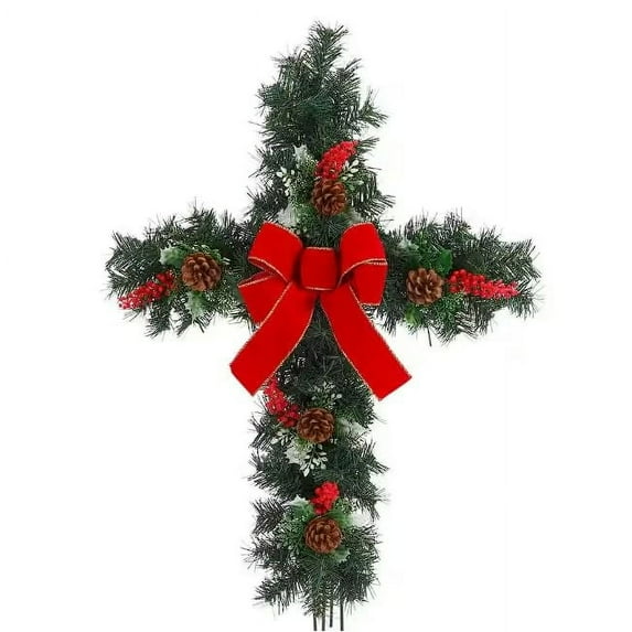 Gerson 24"H Pinecone, Holly & Berries Cross with Yard Stake