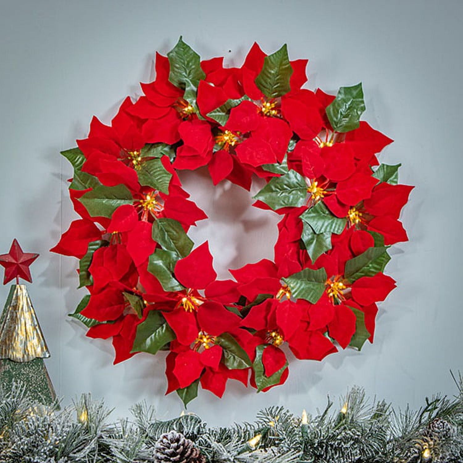 Gerson 24Inch Diameter Battery Operated Lighted Poinsettia Wreath with