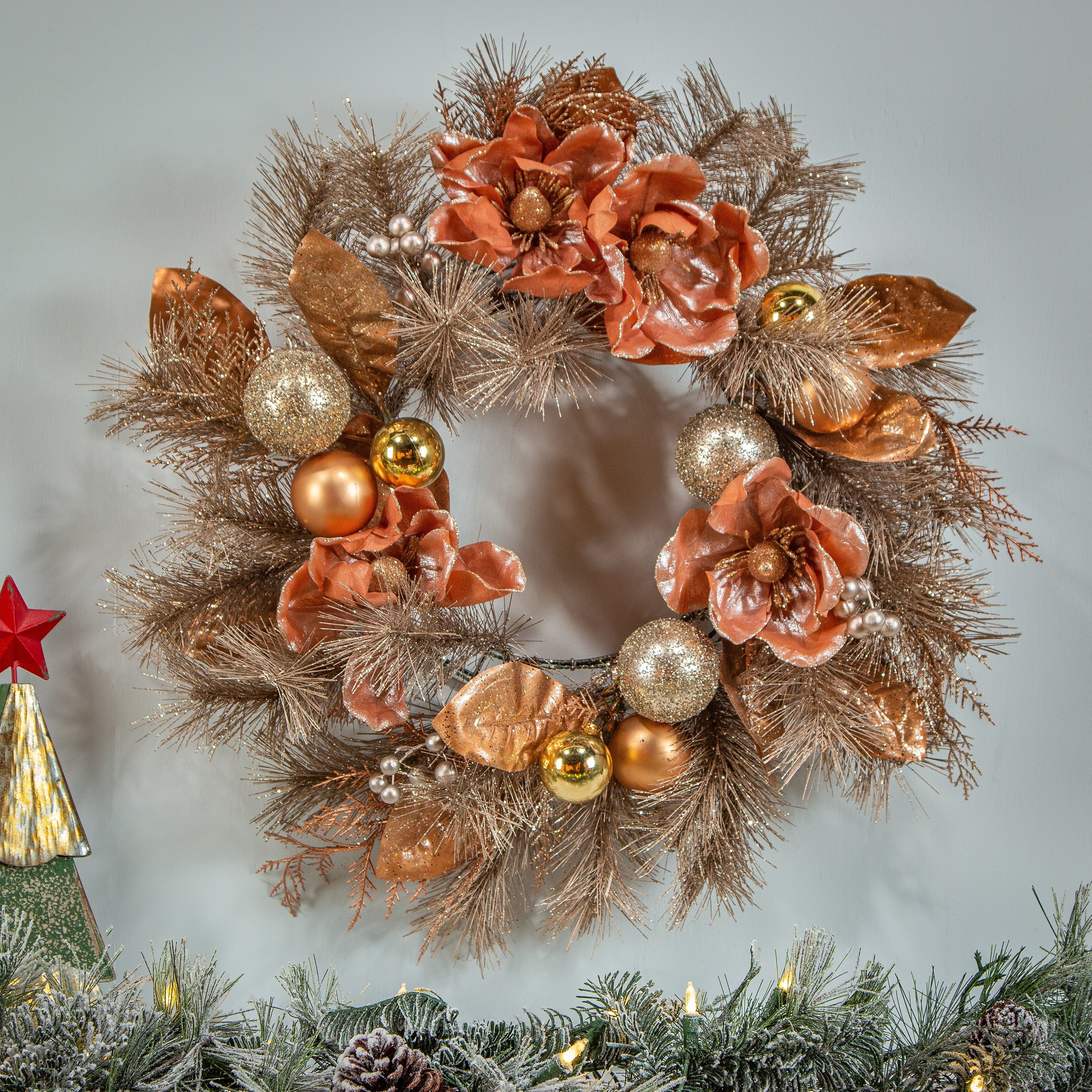 Champagne Pine and Magnolia 24-Inch Holiday Wreath with Ornaments