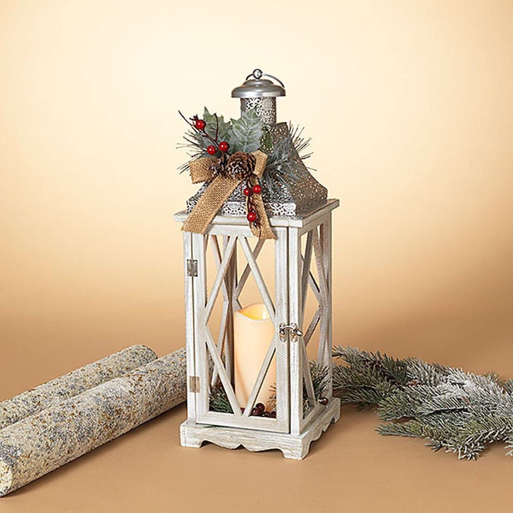 Gerson 2530070 Battery Operated Lighted Holiday Lantern with LED Candle and Floral Accent 20.5" H