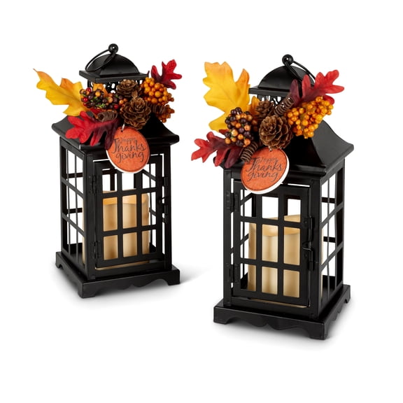 Gerson 2558240 Battery Operated Thanksgiving Lighted Metal Lanterns, 10.5-inch Height