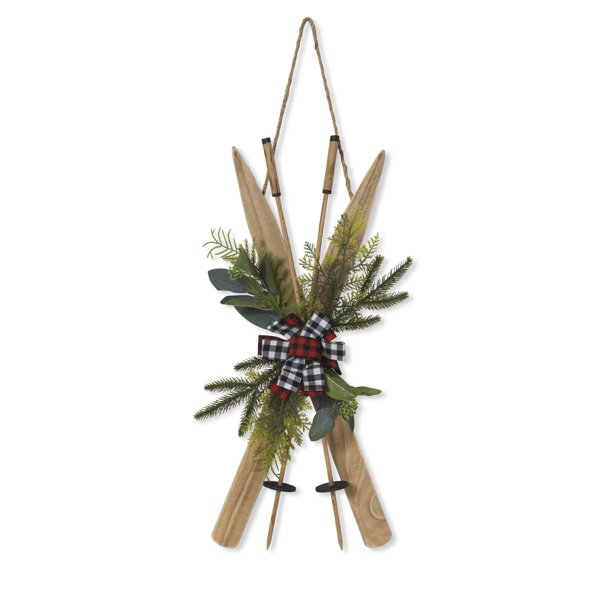 26-Inch Natural Wood Ski Wall Hanging with Plaid Bow and Greenery
