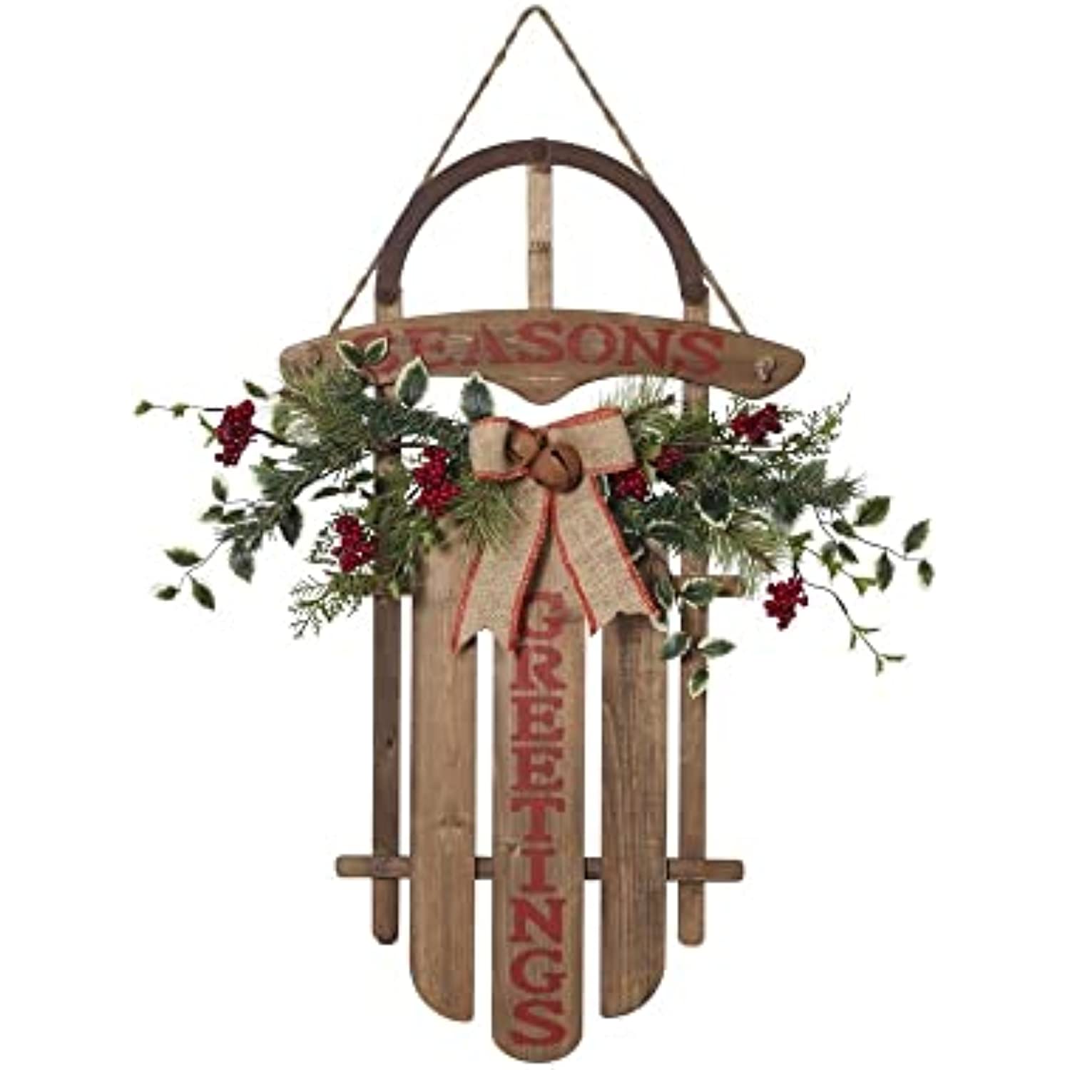 Gerson 27" H Wood Hanging Sled Seasons Greetings w/PVC Accents, Bow