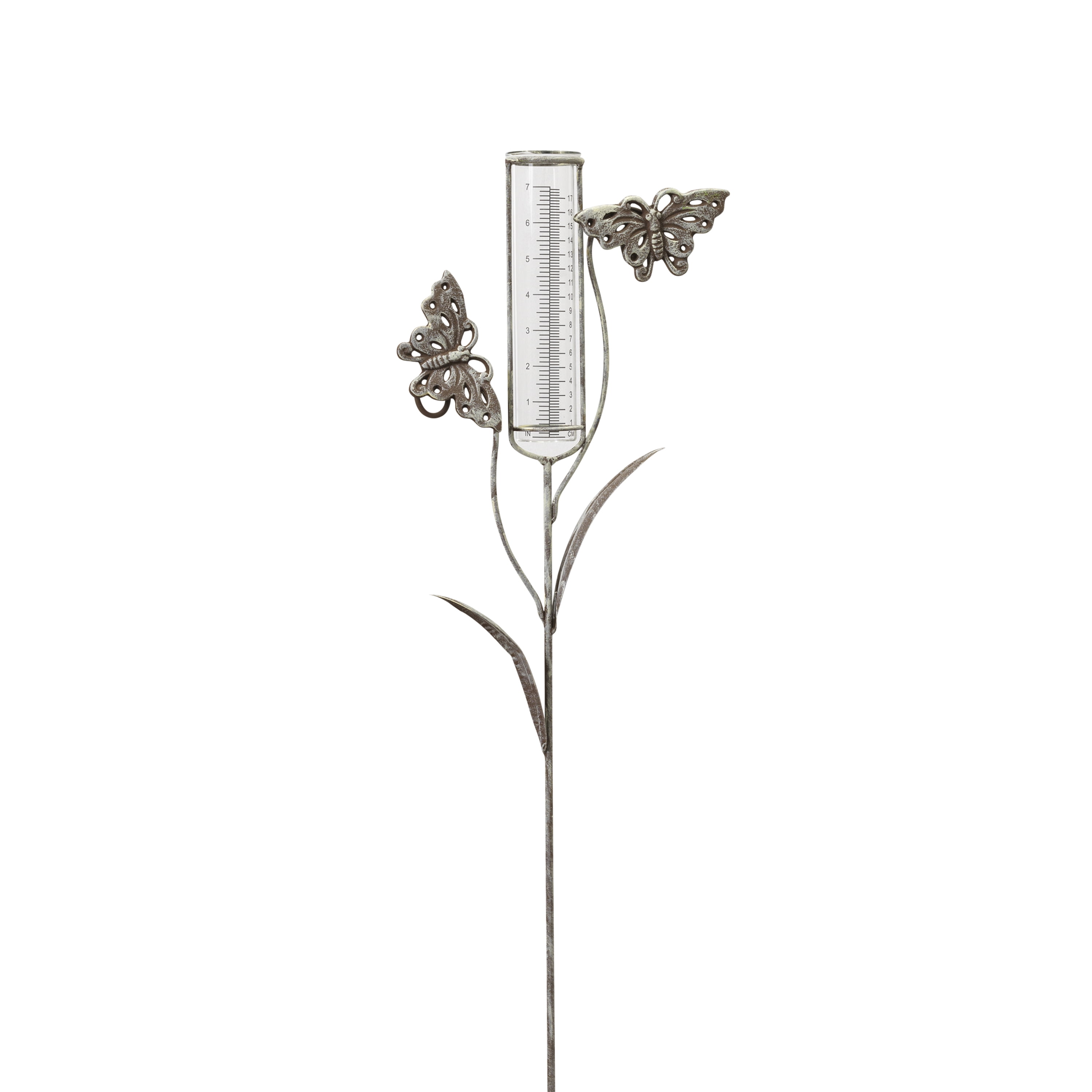 36.5" Silver Metal Butterfly Garden Stake with Glass Rain Gauge