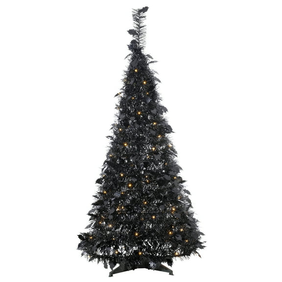 Gerson 4 ft. Pre Lit Warm White LED Pop Up Black Tinsel Tree