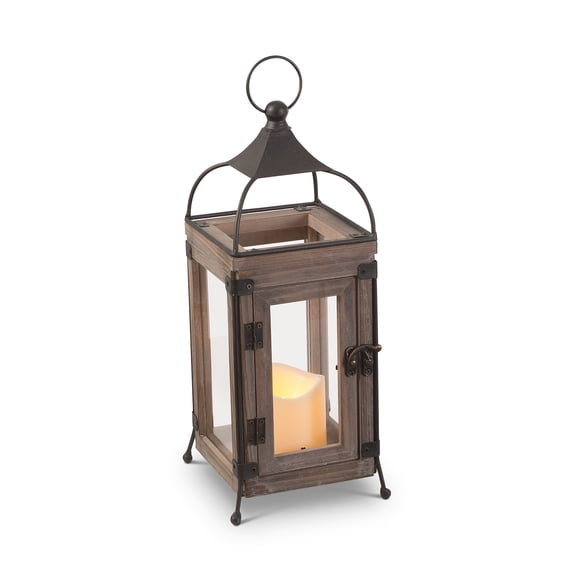 Gerson 43226 - 13.8" Wood / Metal Lantern Wavy Edge Battery Operated LED Resin Candle Light