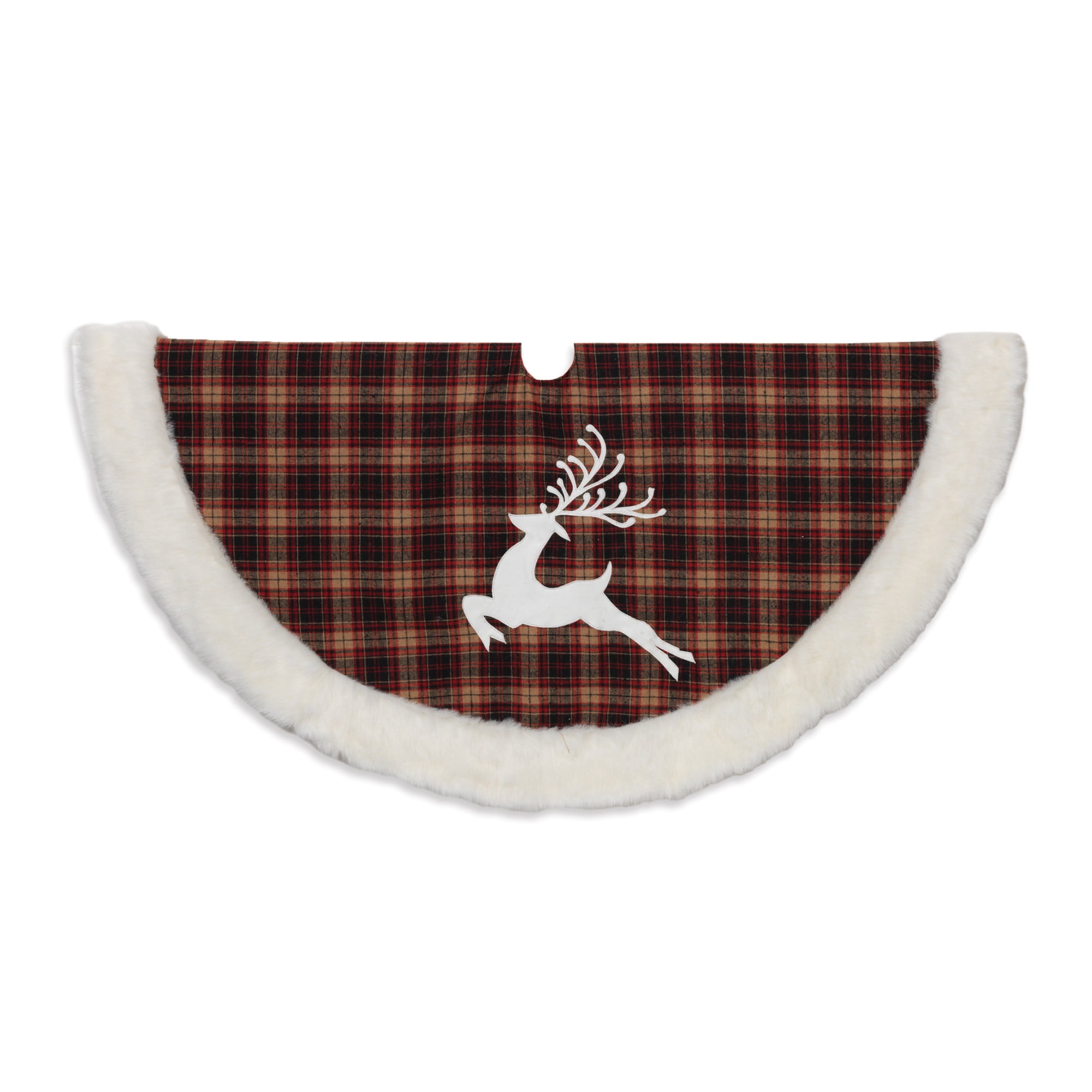 Red and White Faux Fur Plaid Tree Skirt with Reindeer Applique