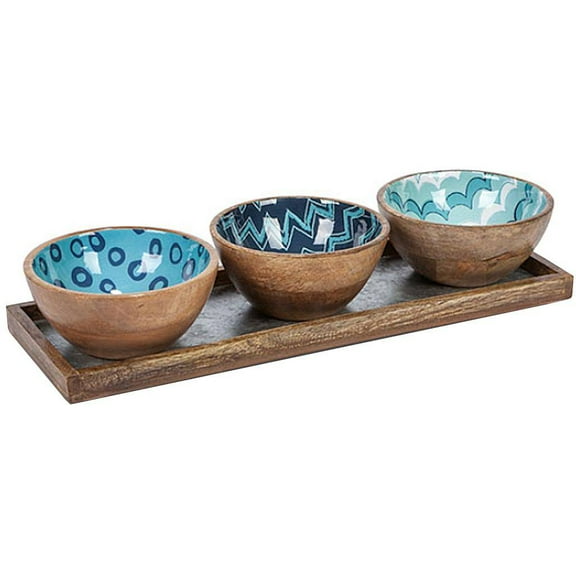 Gerson 94585 - 4 Pc set, 18"L x 6"W x 3"H Mango Wood, 3 Dip Bowls on Tray, Ocean Pattern Kitchen Dining Serving