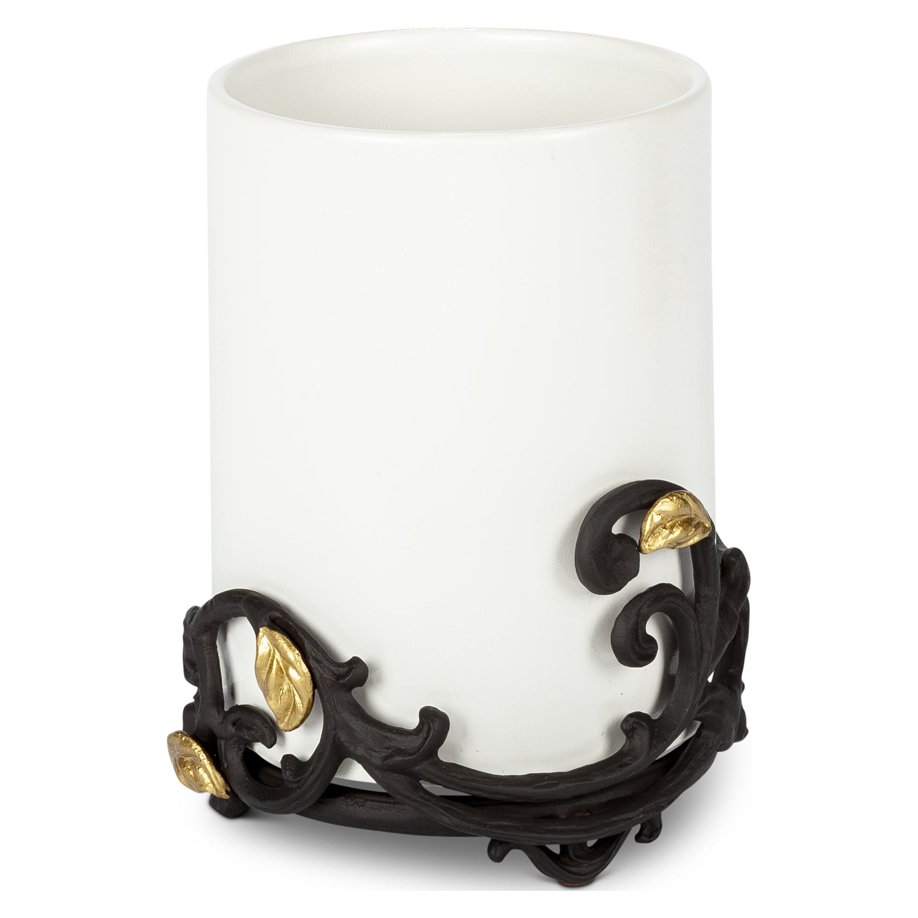 Gold Leaf Ceramic 3-vase Flatware Caddy with Espresso Brown Vines and Gold Leaf Accented Base Gold Leaf Ceramic 3-vase Flatware Caddy with Espresso Brown Vines and Gold Leaf Accented Base