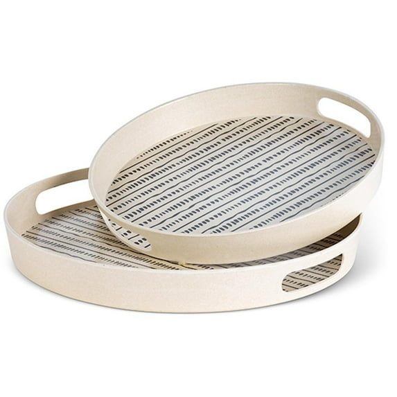 Gerson 95223 - Set of 2 Black and White, Dash / Line Design, Bamboo Fibre Round Tray Kitchen Dining Serving