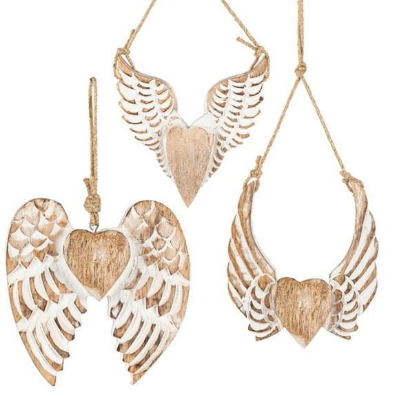 Gerson Wood Angel Wings Heart Hanging Wall Sculptures Rustic Twine (Set of 3)