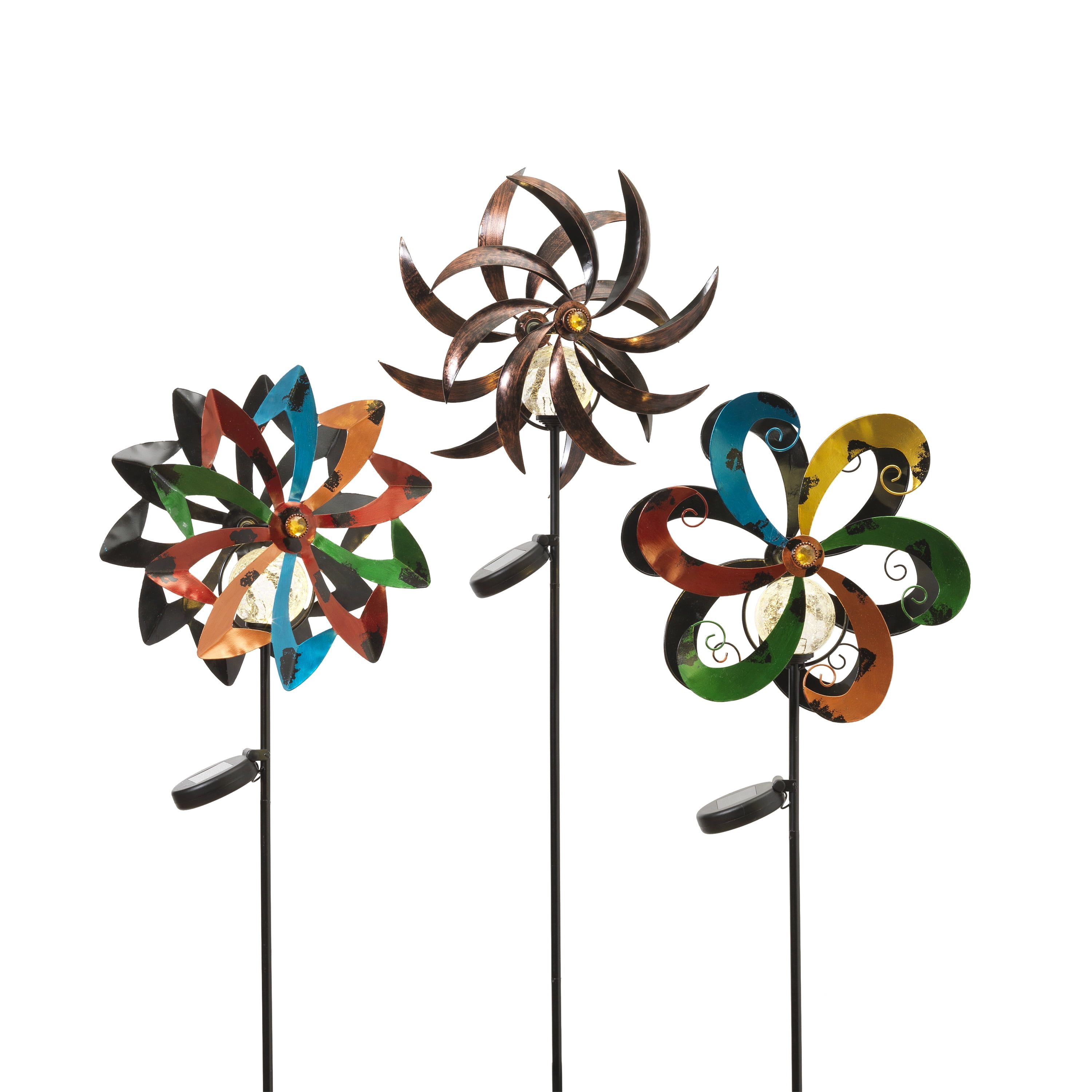 Set of 3 Multicolor Solar Metal Yard Stakes with Crackle Glass Spheres