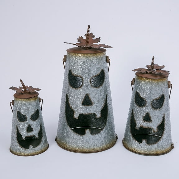 Gerson Assorted Set of 3 Hammered Metal Jack-O-Lantern Luminaries with Leaf Details