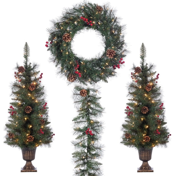 Deluxe 4 Piece Jefferson Pine Holiday Decor Set with Clear and Warm White Lights