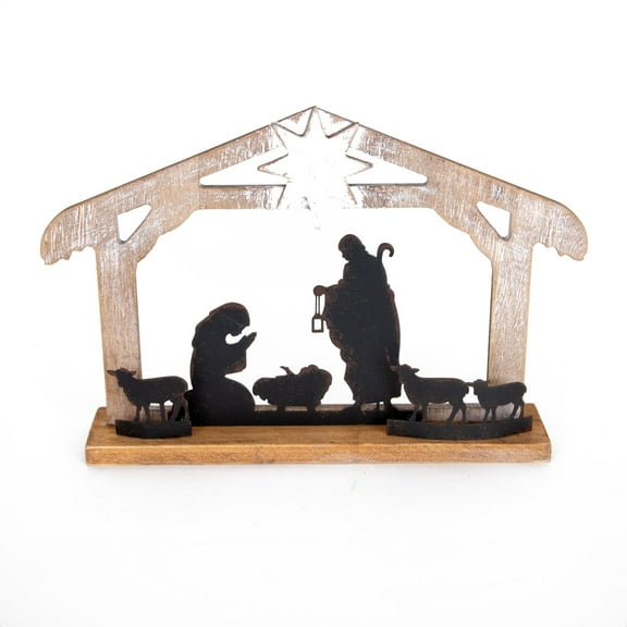 Gerson Christmas Silhouette Nativity Scene, One-Piece Holy Family Creche Indoor Holiday Decor with Wooden Stable and Metal Figures, 11.75 in