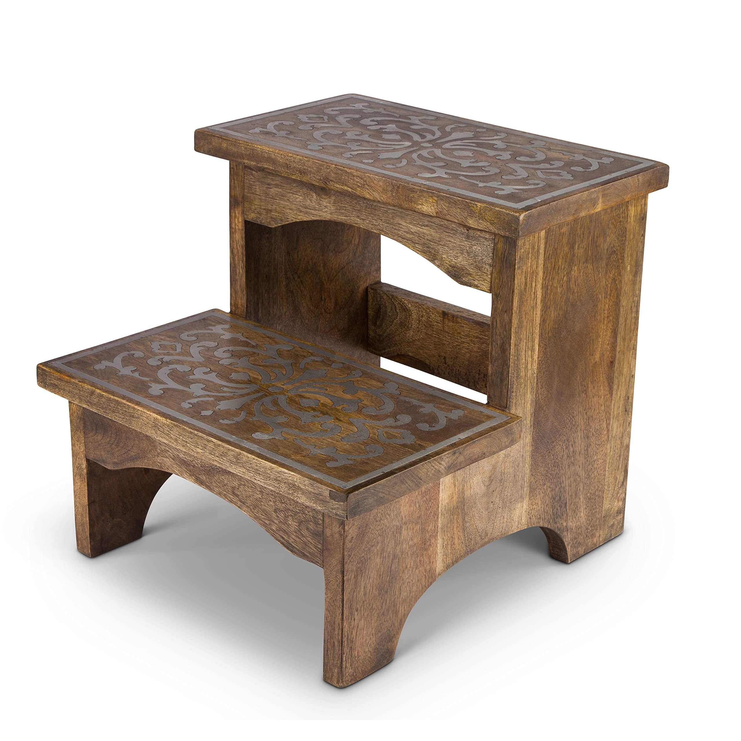 Elegant Heritage 2-Step Mango Wood Stool with Metal Inlay