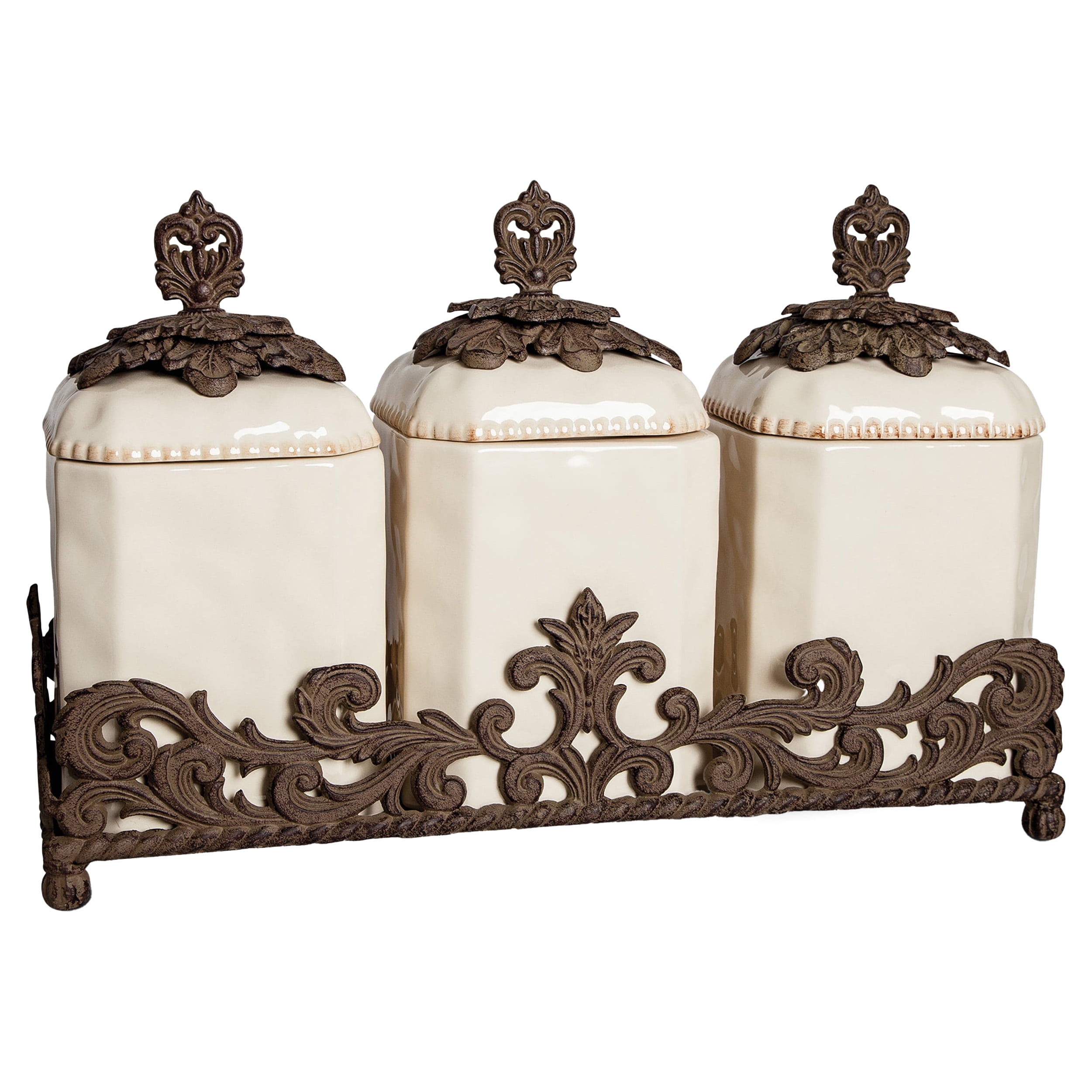 Cream Ceramic 3-Piece Canister Set with Brown Cast Aluminum Base