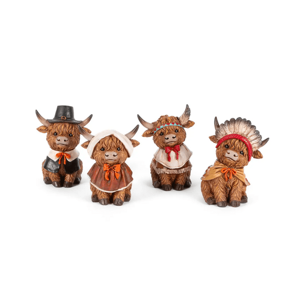 Gerson Fall Decor - Pilgrim Theme Highland Cow Figurines 4pc Set