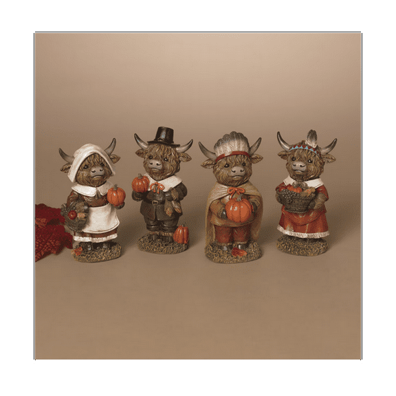 Gerson Fall Decor - Thanksgiving Pilgrim Highland Cow Figurines 4pc
