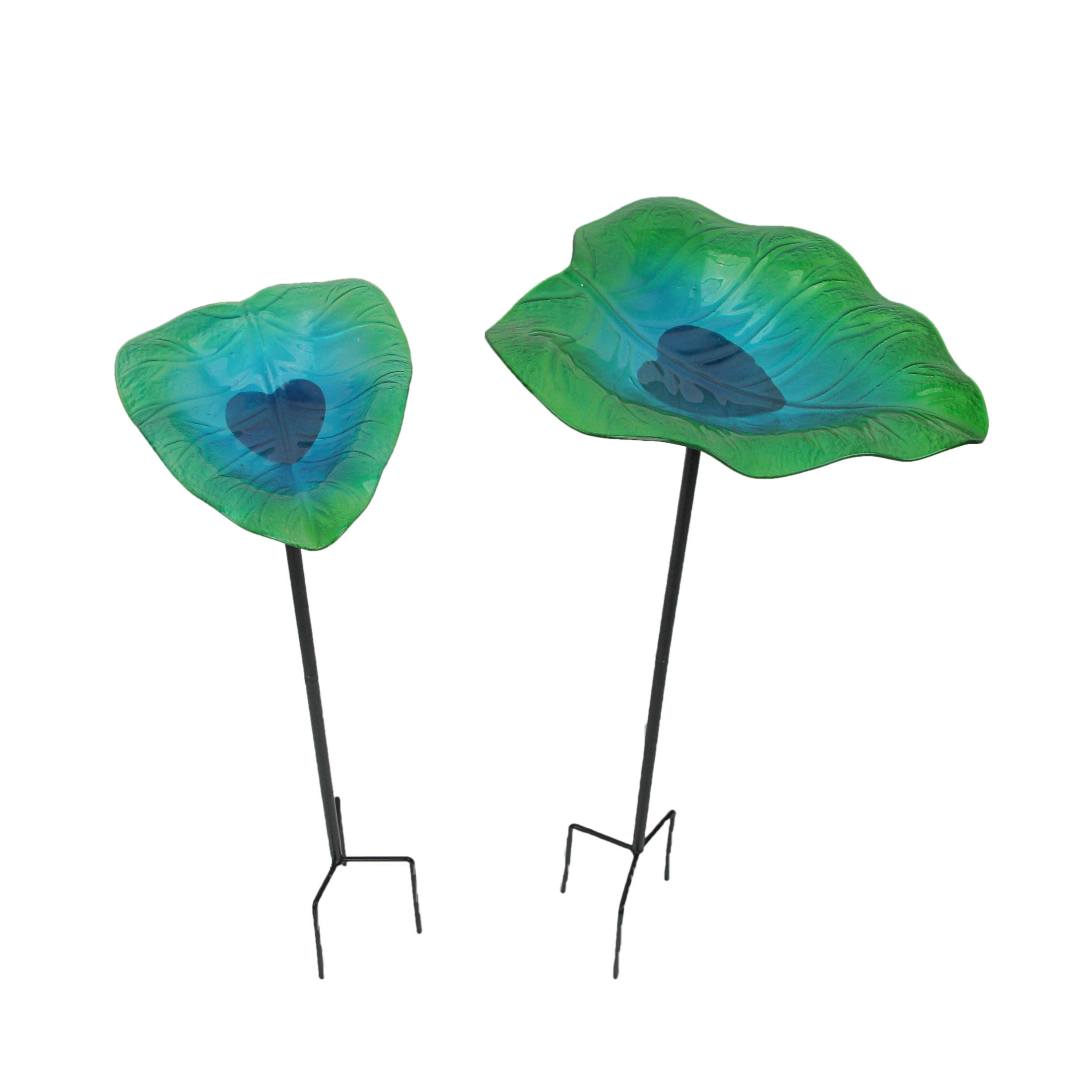 Gerson Green Blue Glass Leaf Bird Bath Garden Stakes 25 inches (Set of 2)