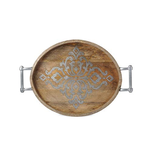 Large Oval Medium Wood and Silver Metal Tray with Floral Motif