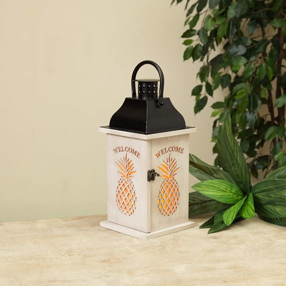 Gerson Lighted Wood and Metal Pineapple Lantern with Timer, 12-Inch Height
