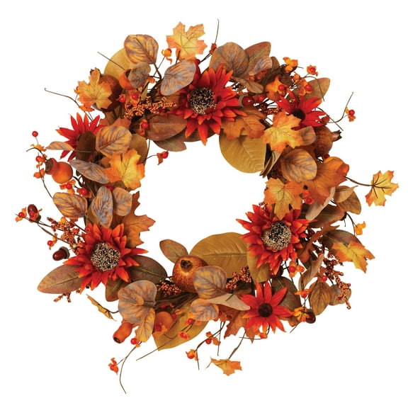 Gerson Liven up your front door with this 22"D Harvest Wreath, featuring fall leaves, berries and orange sunflower accents