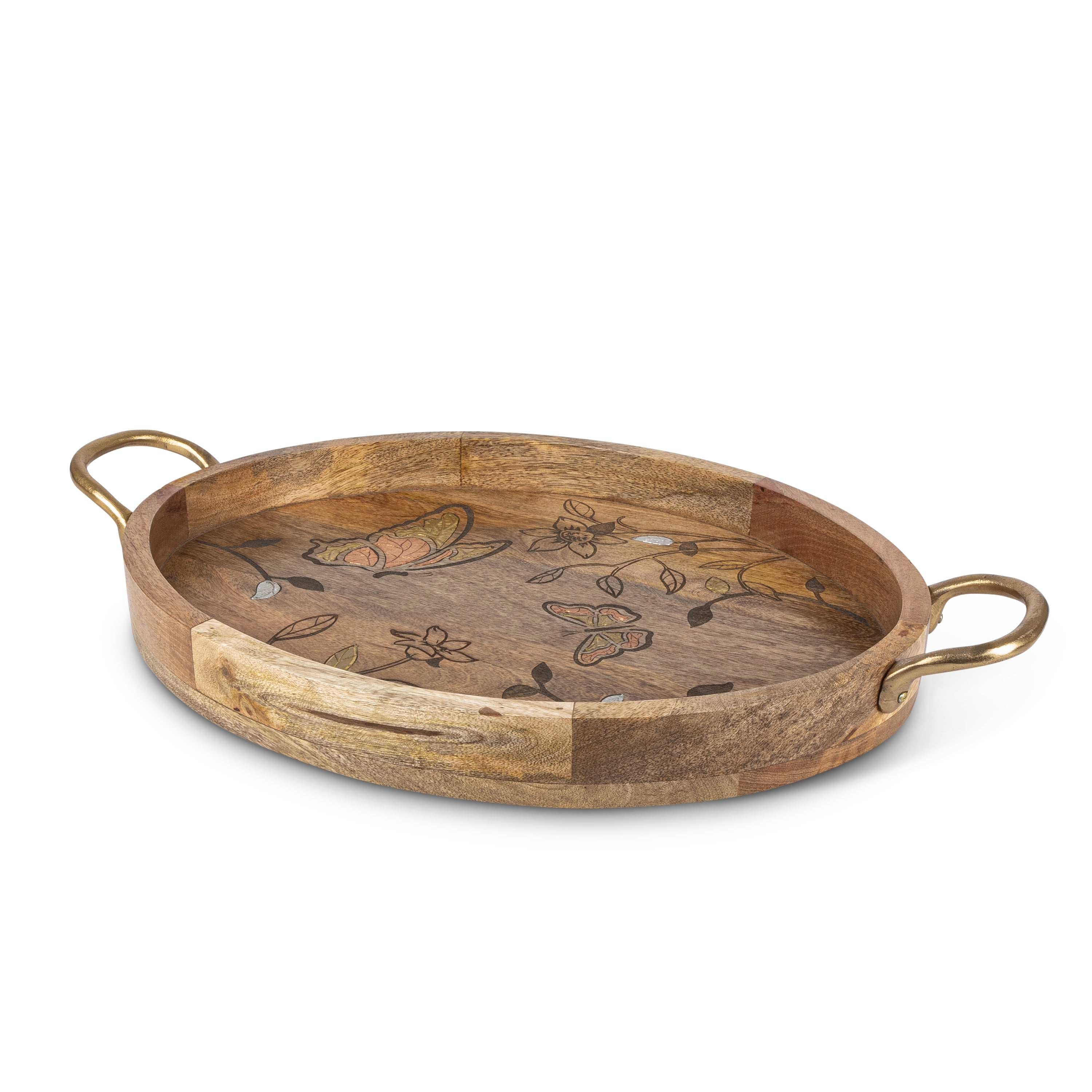 Mango Wood Oval Tray with Butterfly Inlay and Gold Handles
