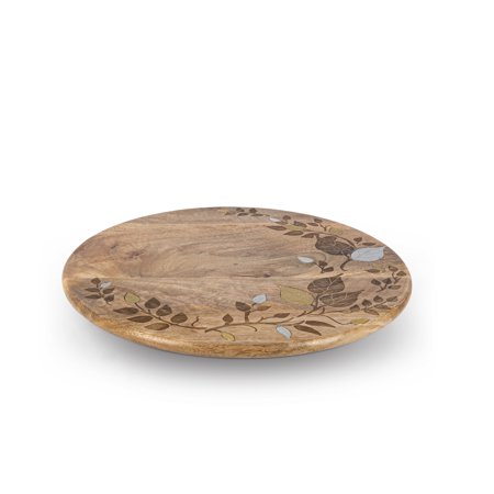 Gerson Mango Wood with Laser and Metal Inlay Leaf Design 16" Lazy Susan.