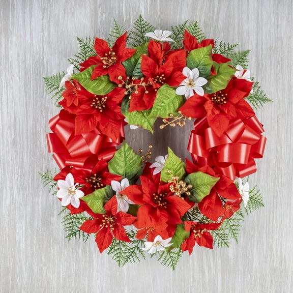 Gerson Red Poinsettia Holiday Memorial Flower Wreath with Gold Berries