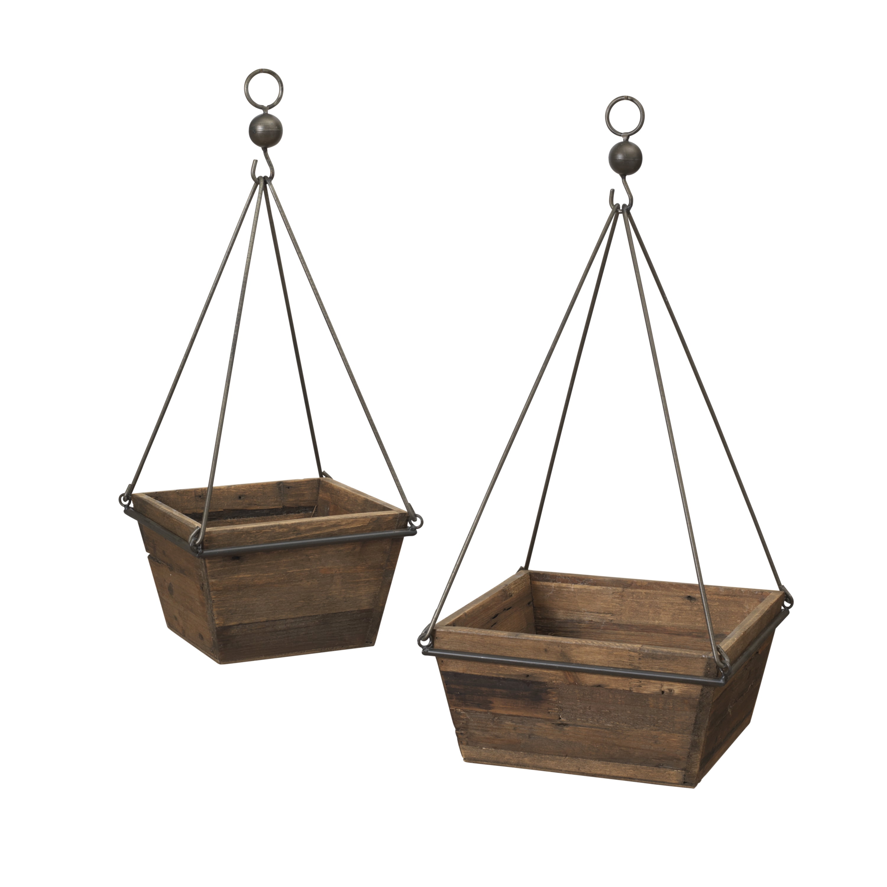 Set of 2 Rustic Fir Wood and Iron Hanging Planters
