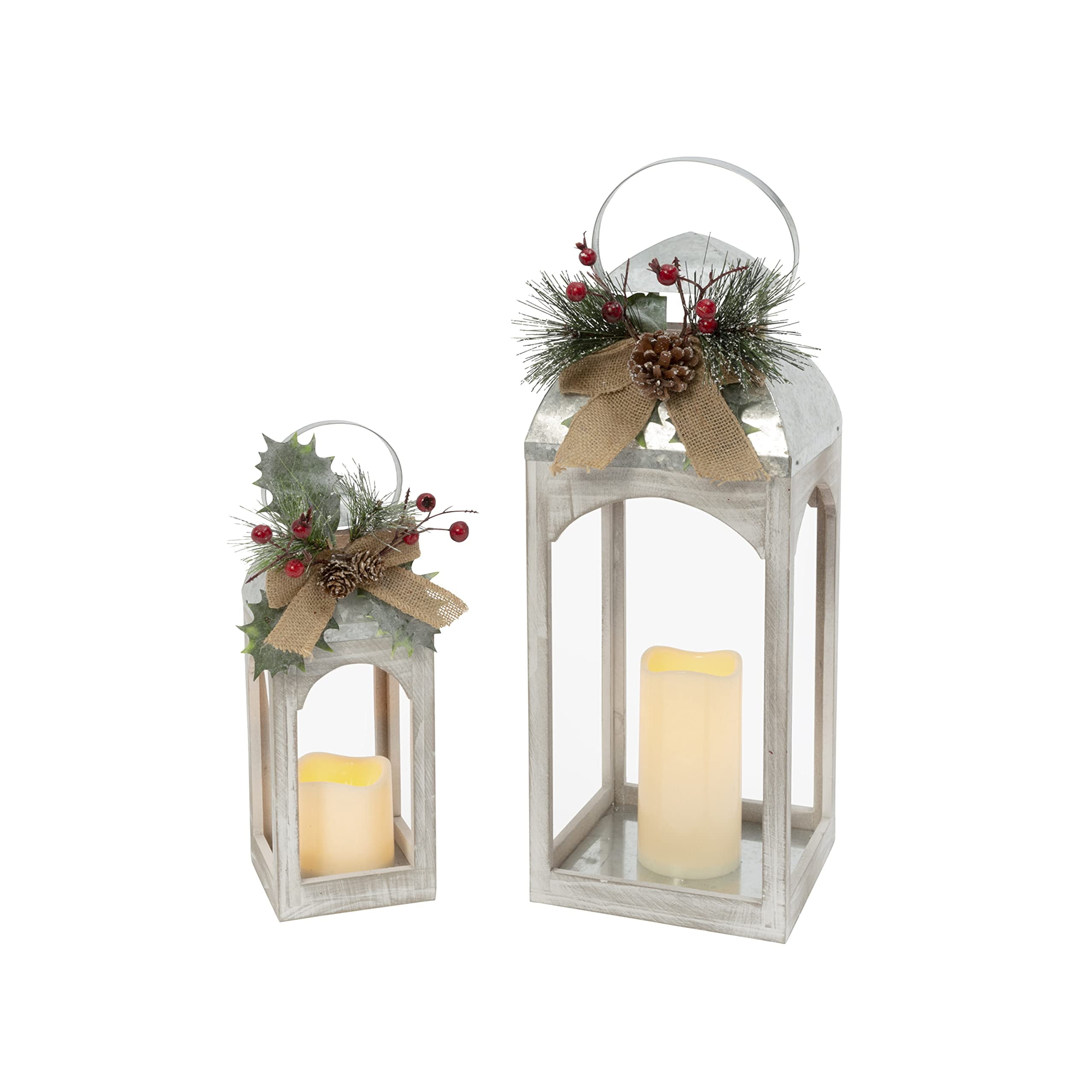 Whitewashed Fir Wood and Metal Hanging Candle Lanterns