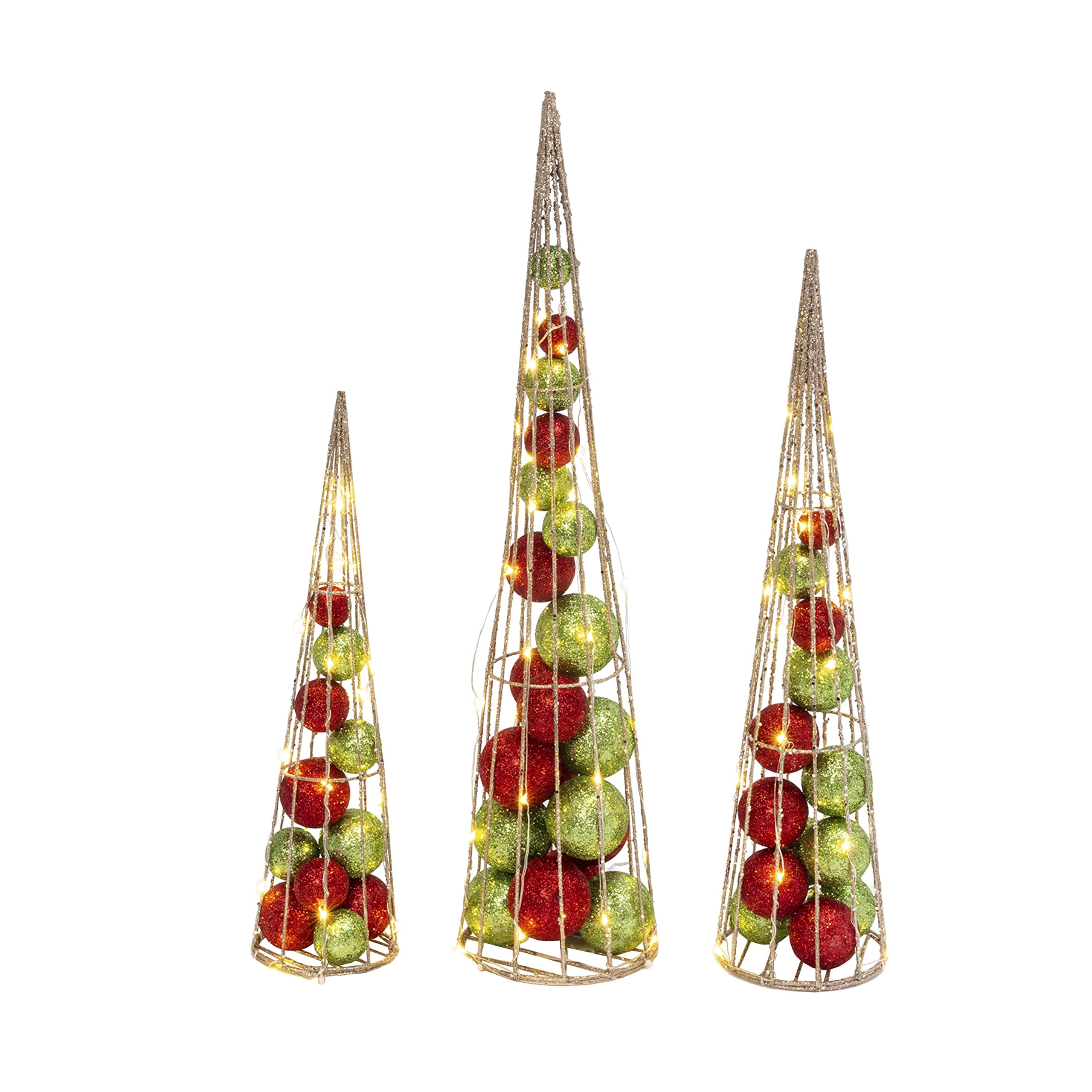 Set of 3 Lighted Red and Green Ornament Cone Trees