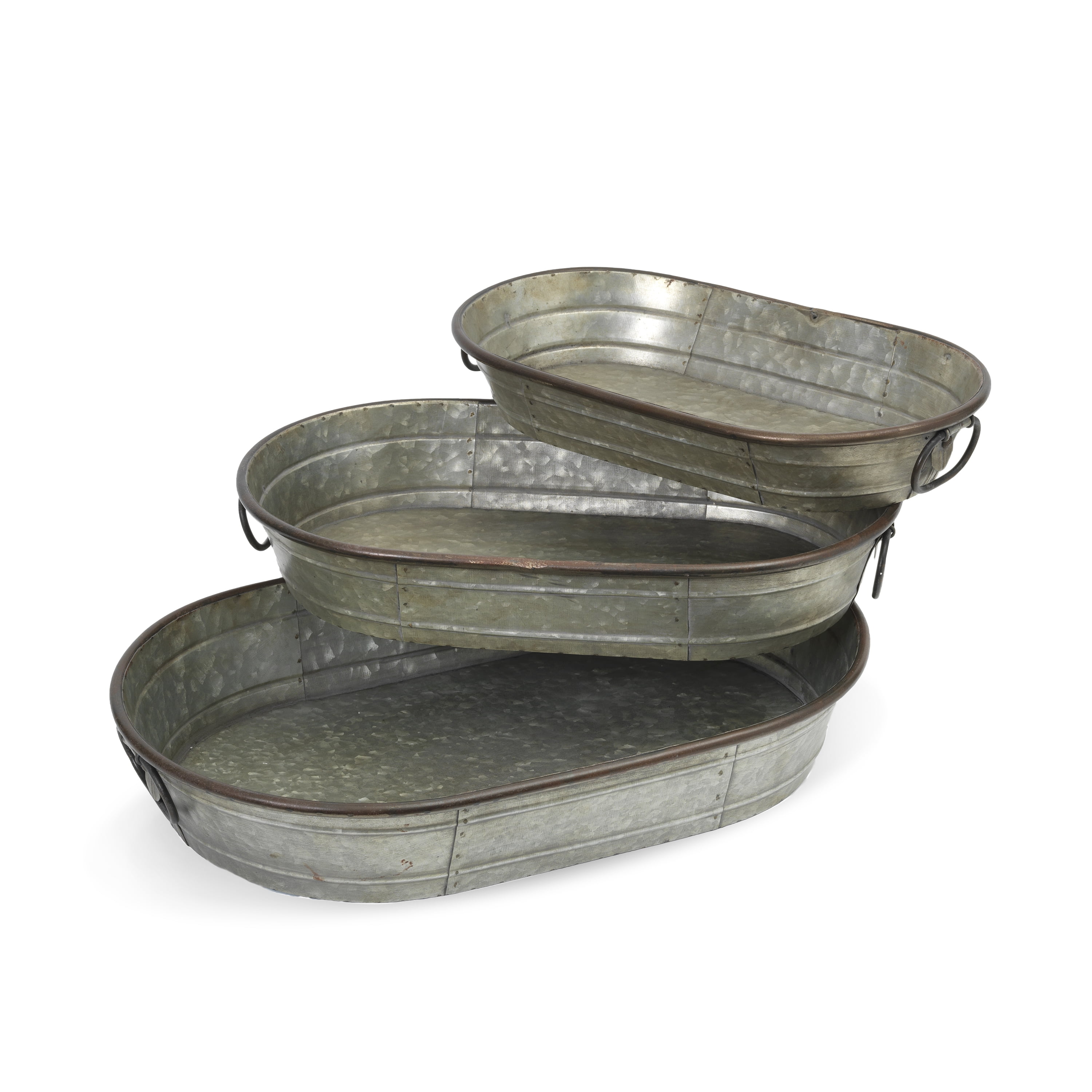 Set of 3 Rustic Gray Galvanized Metal Oval Planter Trays