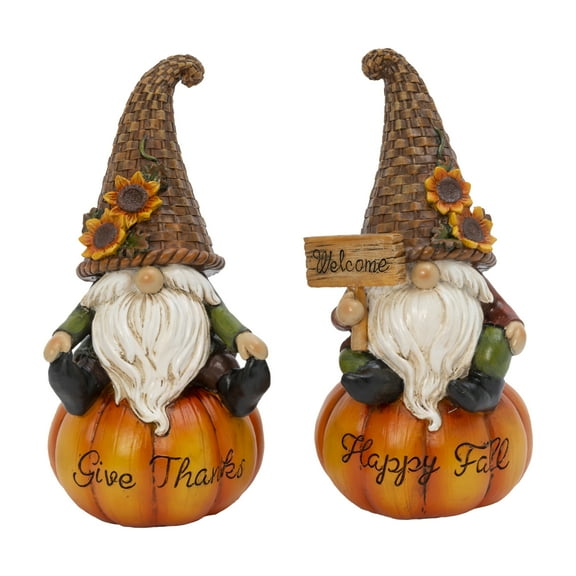 Gerson Set of 2 8.8-in H Resin harvest gnomes sitting on pumpkins