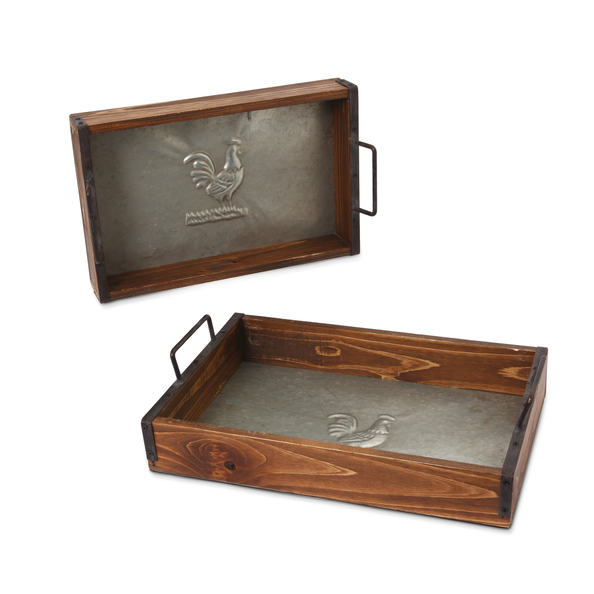 Rustic Dark Wood and Metal Rectangular Decorative Trays, Set of 2