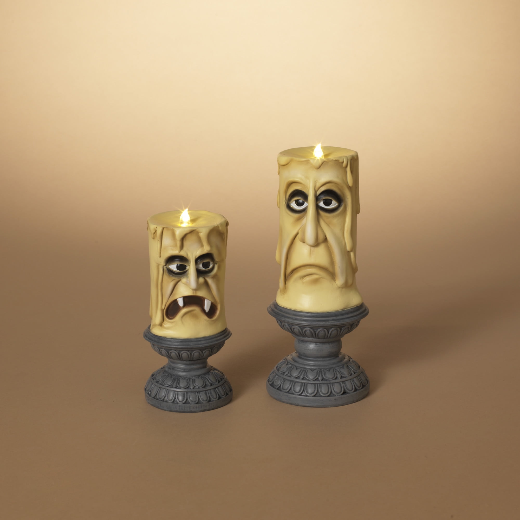 Gerson Set of 2 Spooky Decor Gothic Halloween Resin Candles with Faces