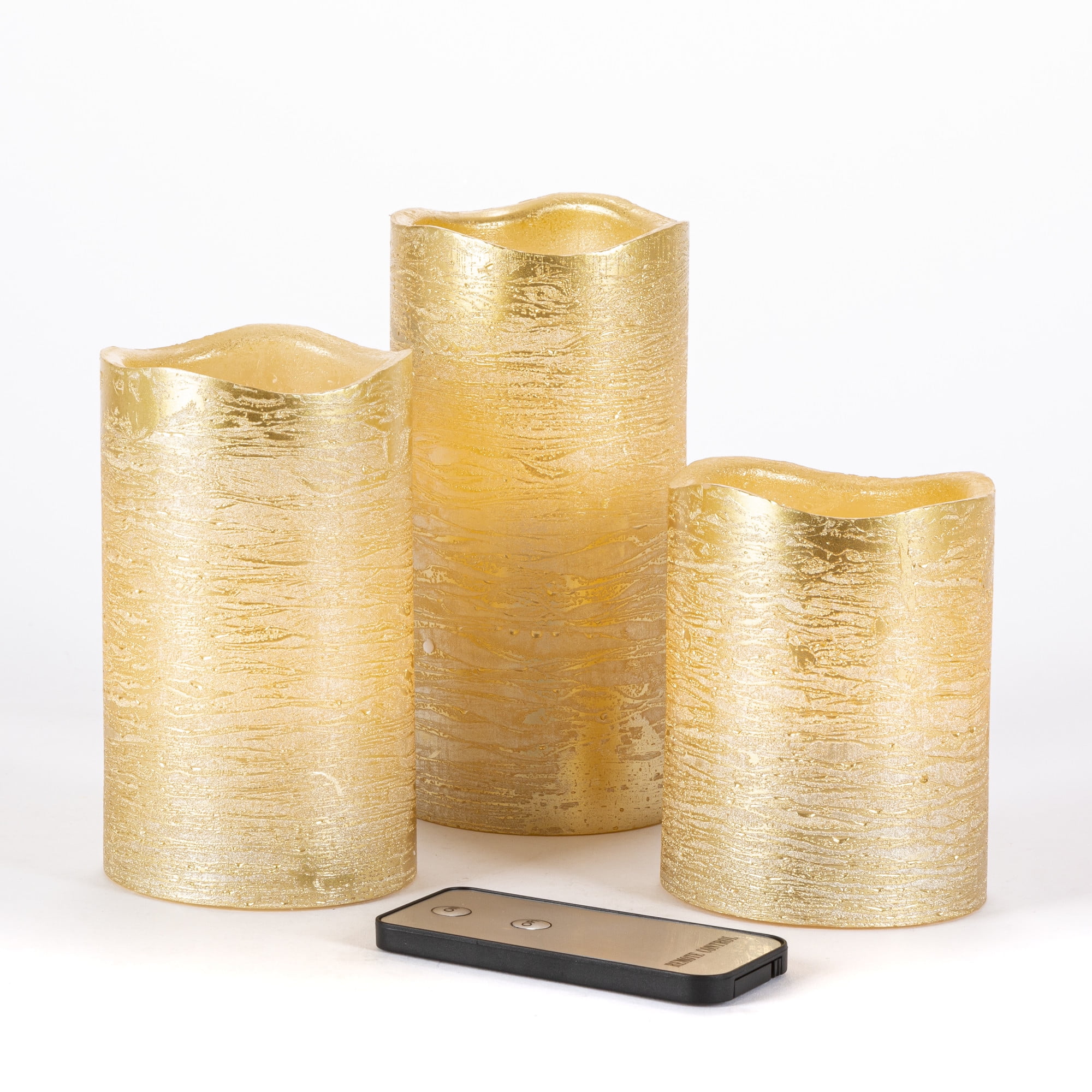 Gerson Set of 3 Gold Wavy Edge Wax Candles with Soft Flicker Glow
