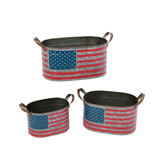 Set of 3 American Flag Galvanized Metal Bucket Planters Containers Home Porch Decor