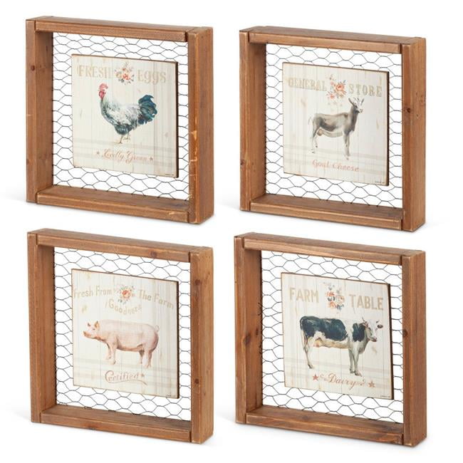 Rustic Farm Animal Wall Art Set with Natural Wood Frame