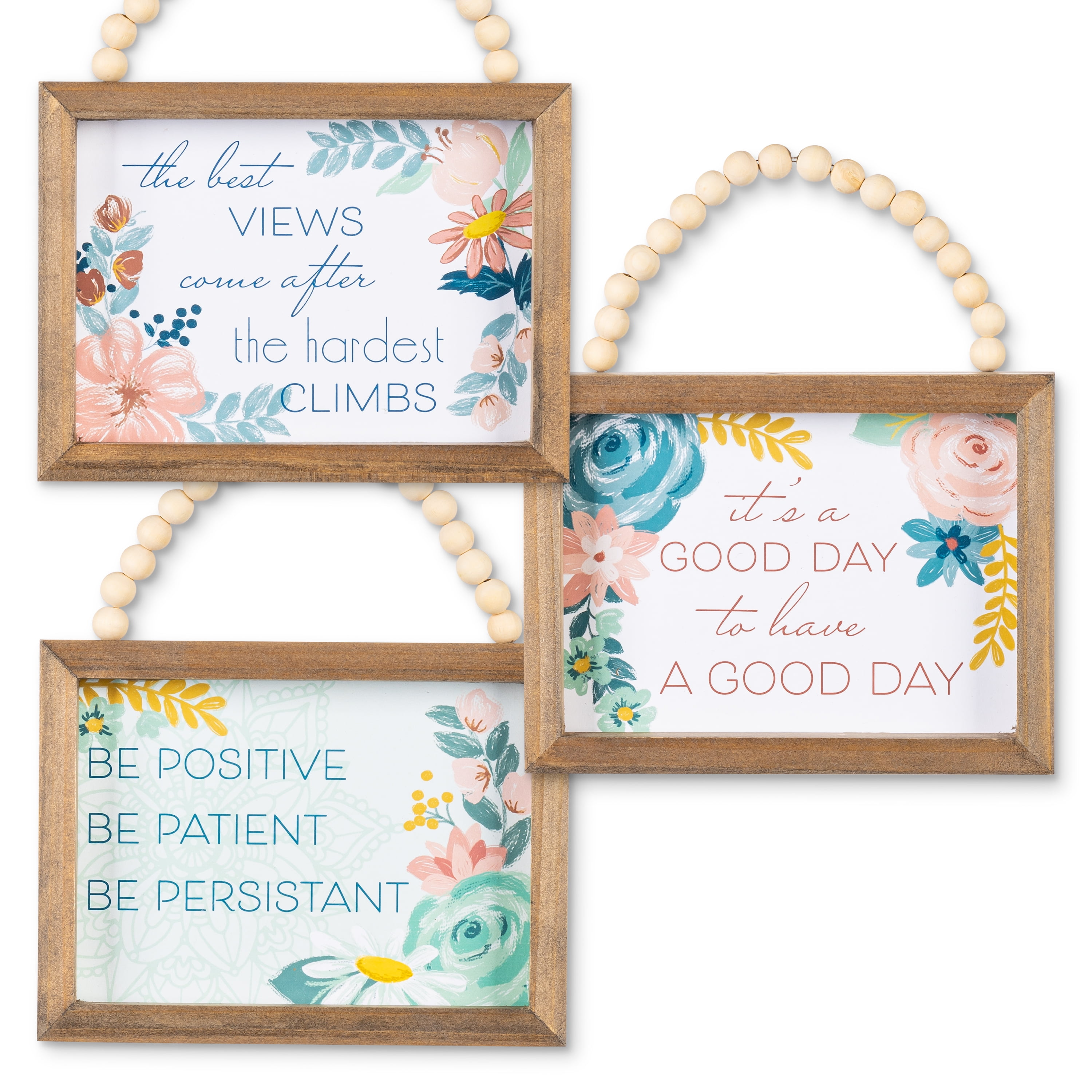 Inspirational Floral Wood Wall Art Set with Beaded Handles