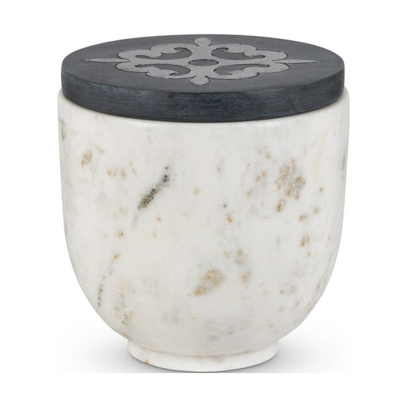 Gerson White marble large canister with gray-washed metal-inlay lid